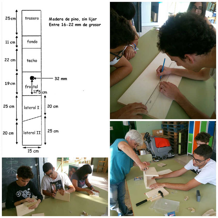 Varias fotografías de usuarios trabajando piezas de madera y un plano del mueble.