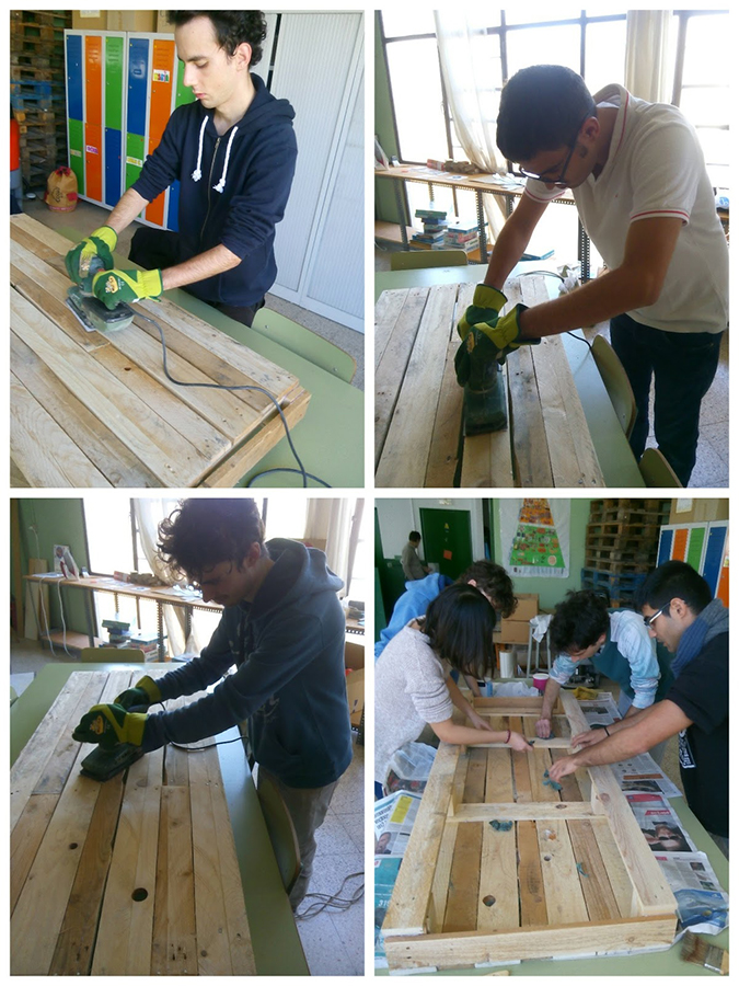 Diversas fotografías de varios usuarios practicando bricolaje en el centro ocupacional El Xop.