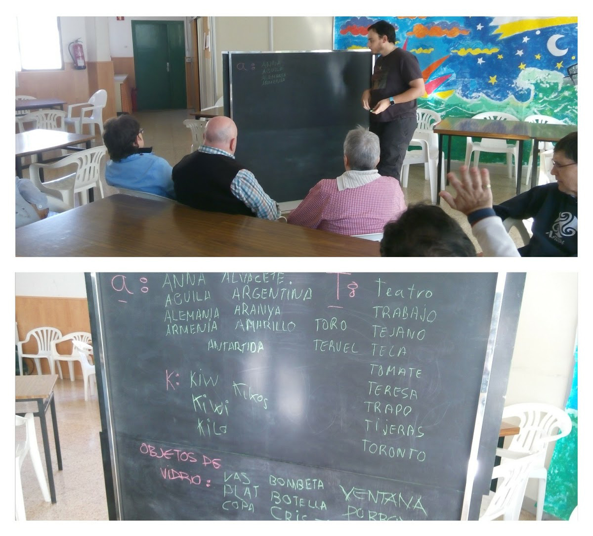 Dues fotografies d'una sessió del taller de memòria-lectura amb el professor i els usuaris